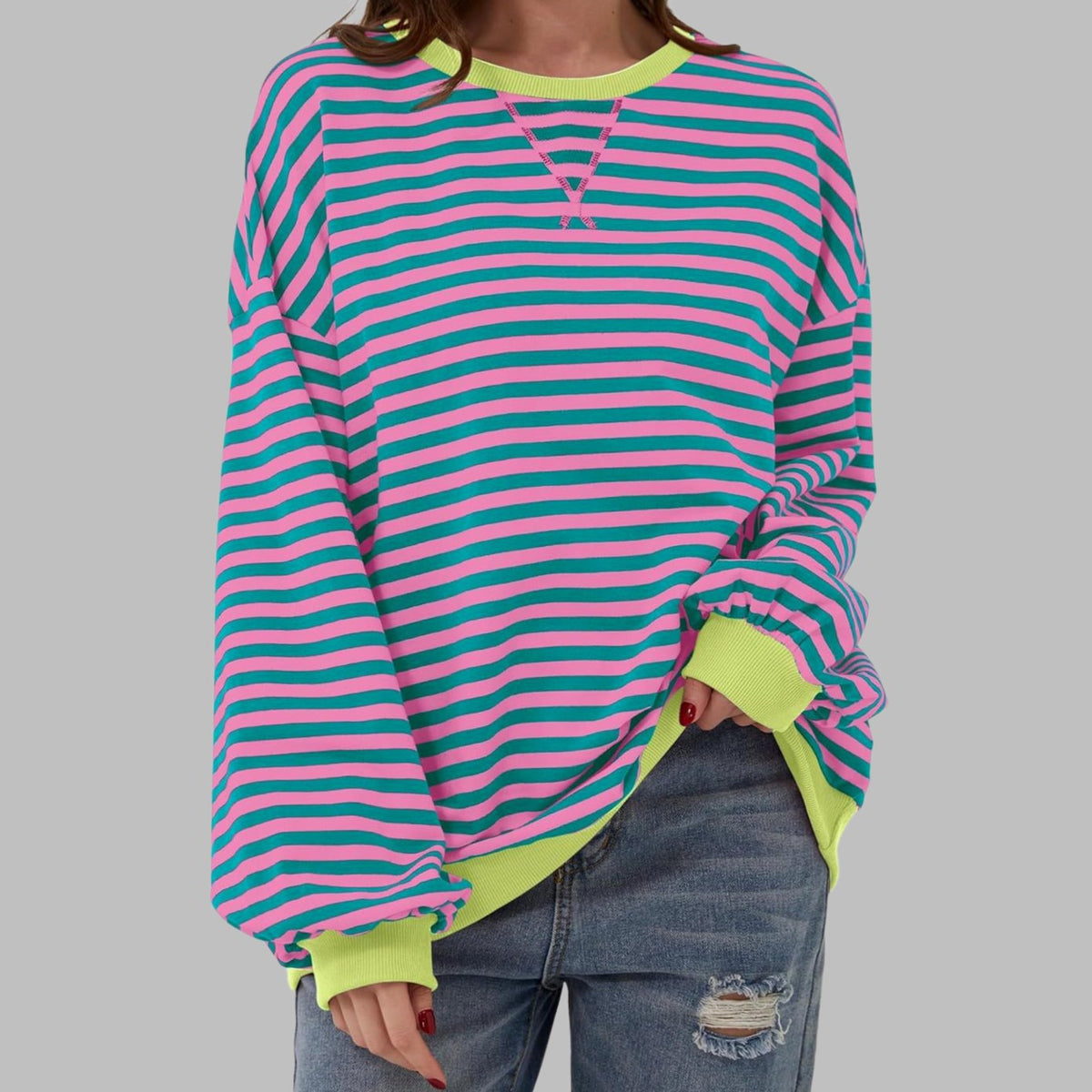 Oversized gestreepte retro sweater met ronde hals voor dames