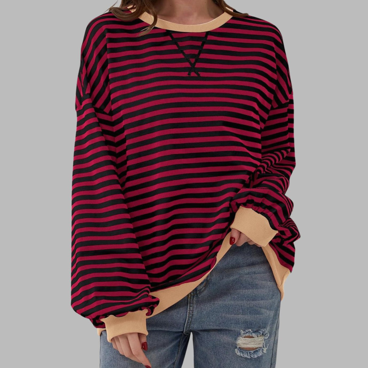 Oversized gestreepte retro sweater met ronde hals voor dames