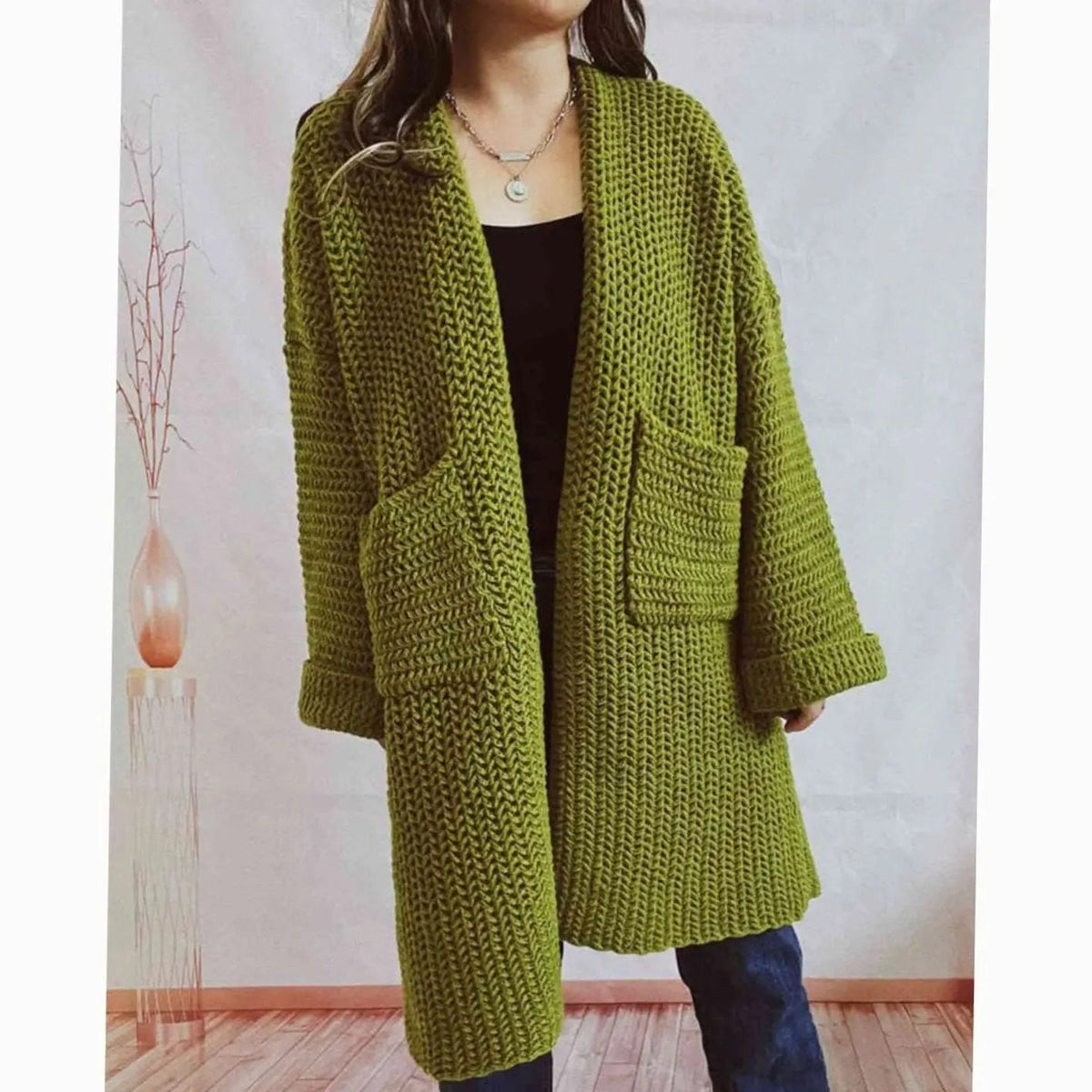 Oversized grofgebreid openvallend damesvest met zakken
