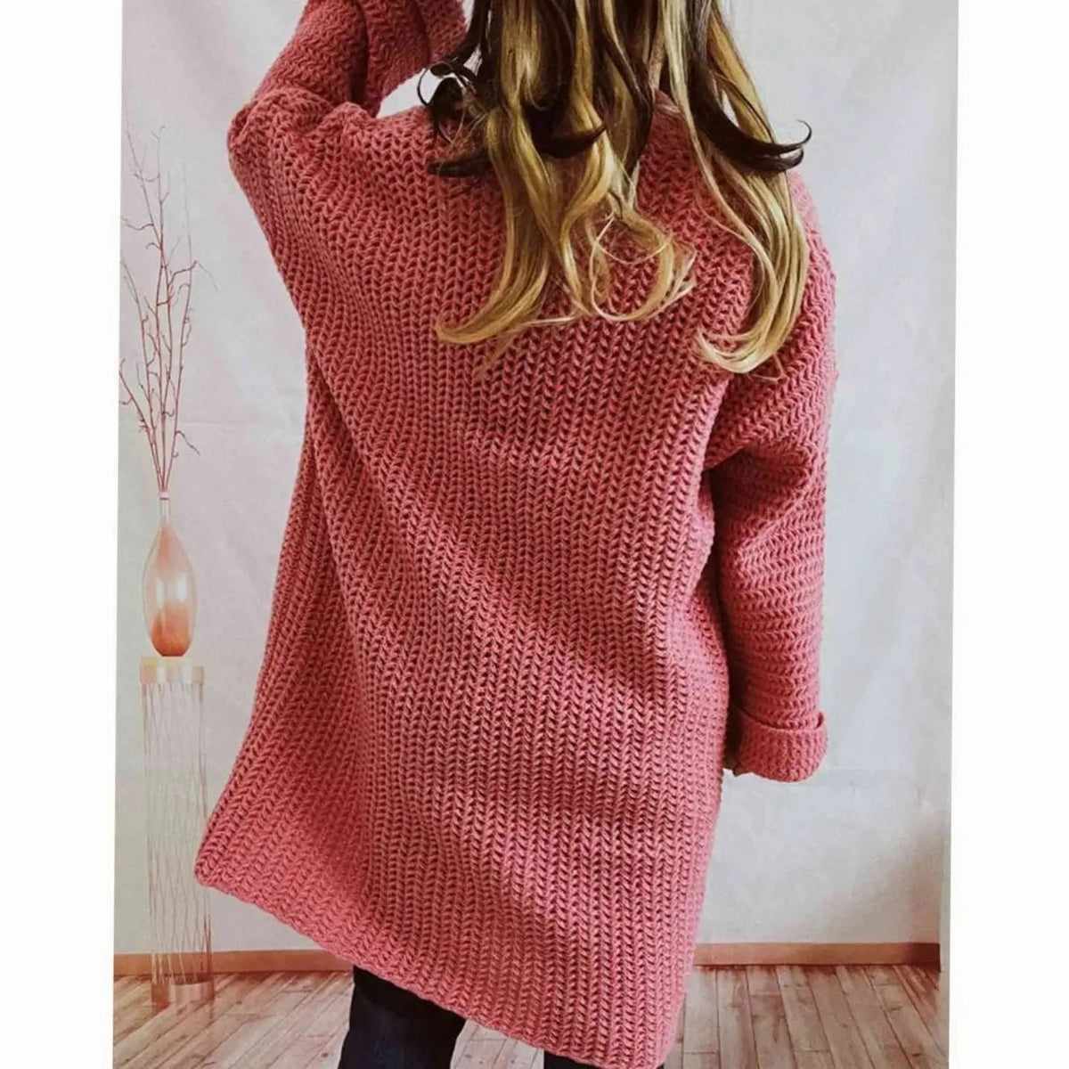 Oversized grofgebreid openvallend damesvest met zakken