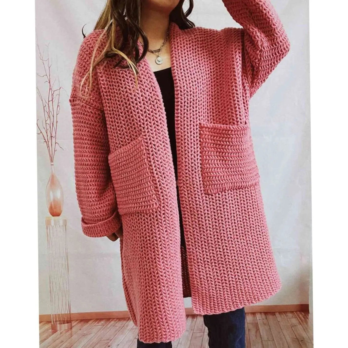 Oversized grofgebreid openvallend damesvest met zakken