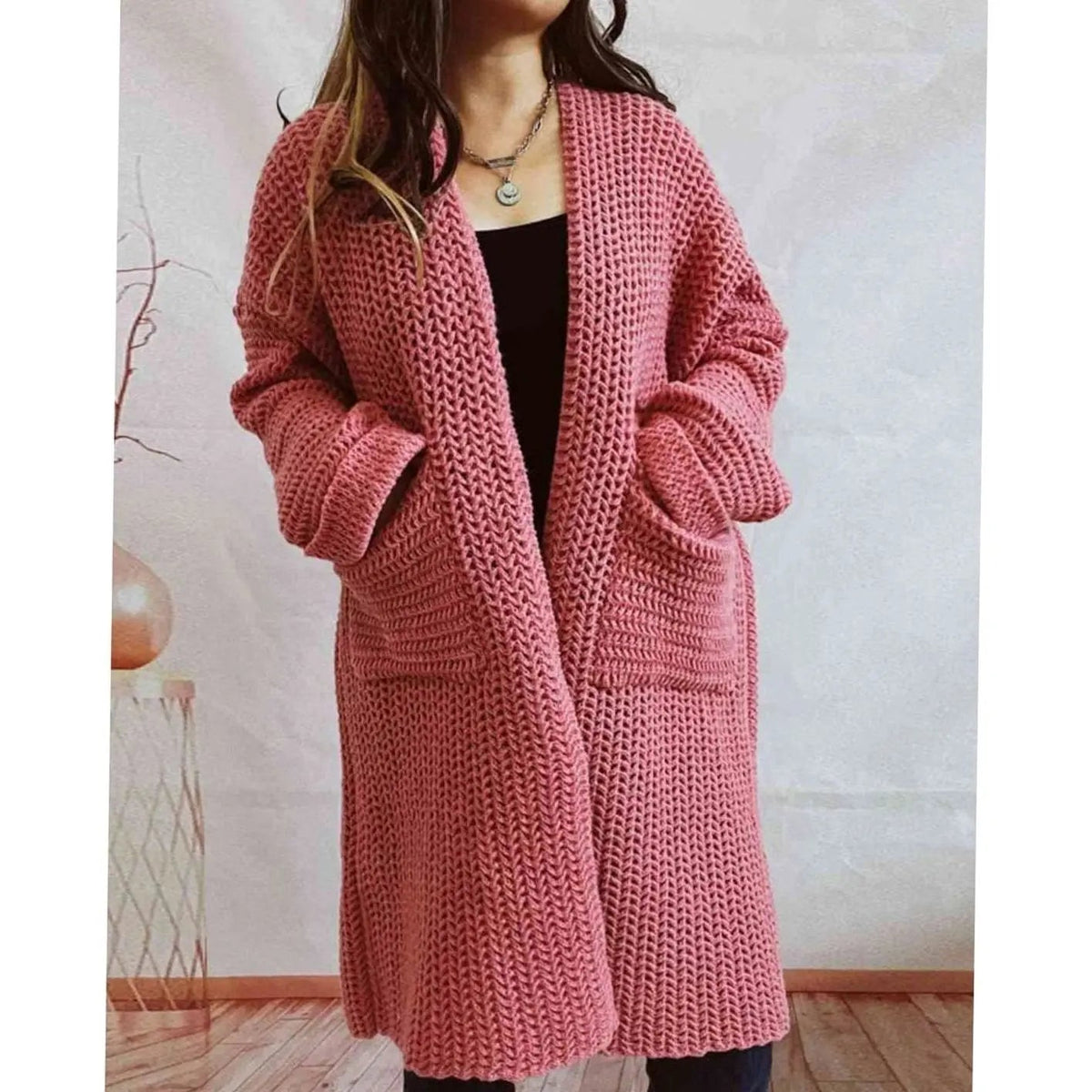 Oversized grofgebreid openvallend damesvest met zakken
