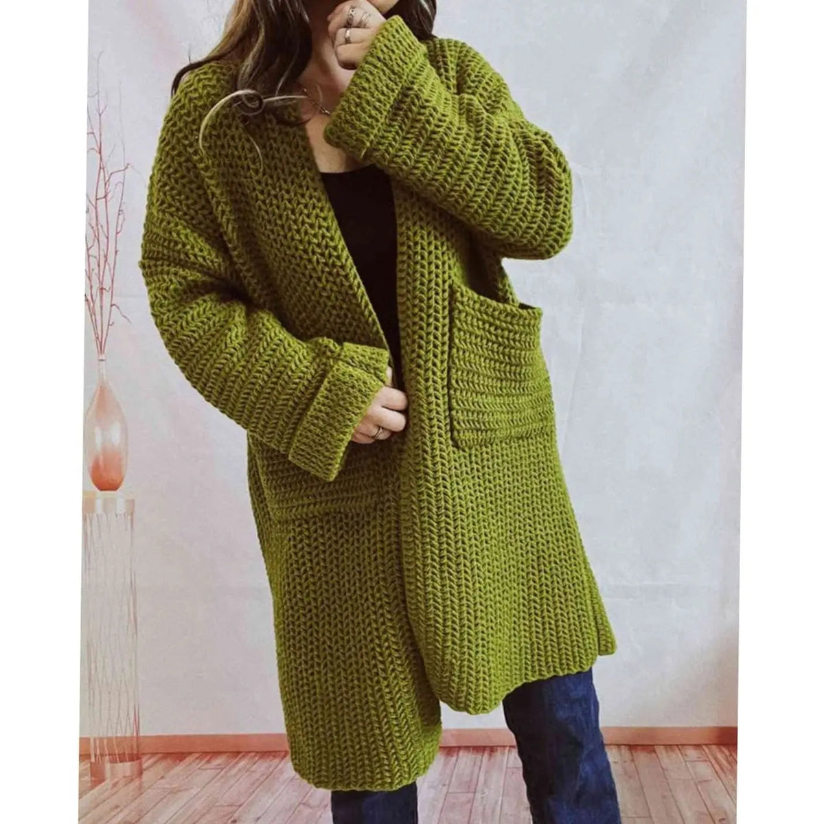 Oversized grofgebreid openvallend damesvest met zakken