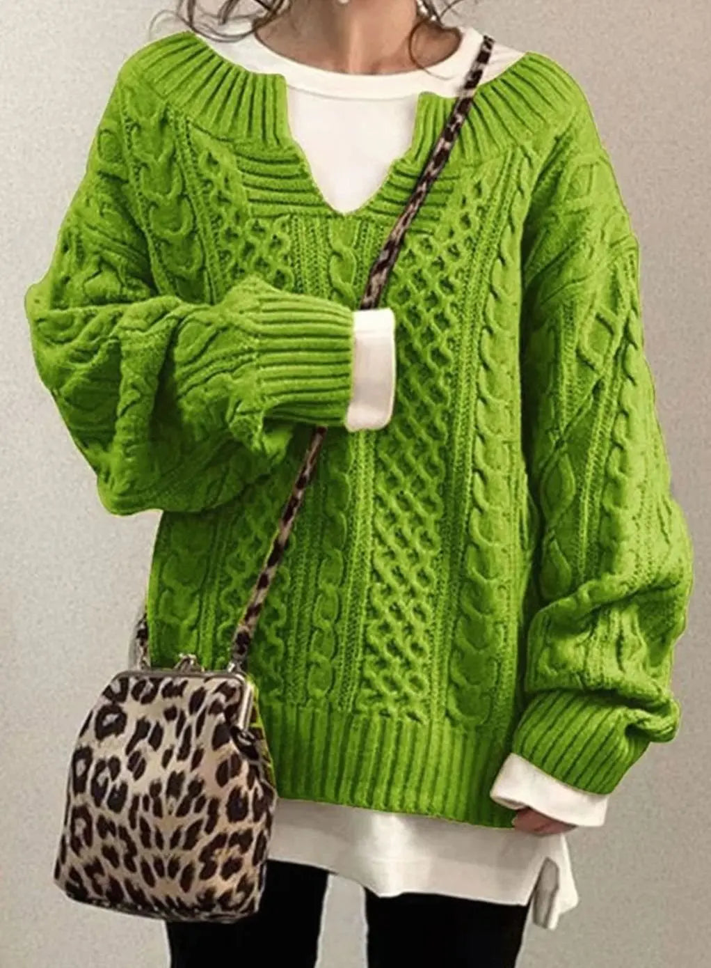 Oversized kabeltrui met V-hals en laagjeslook voor dames