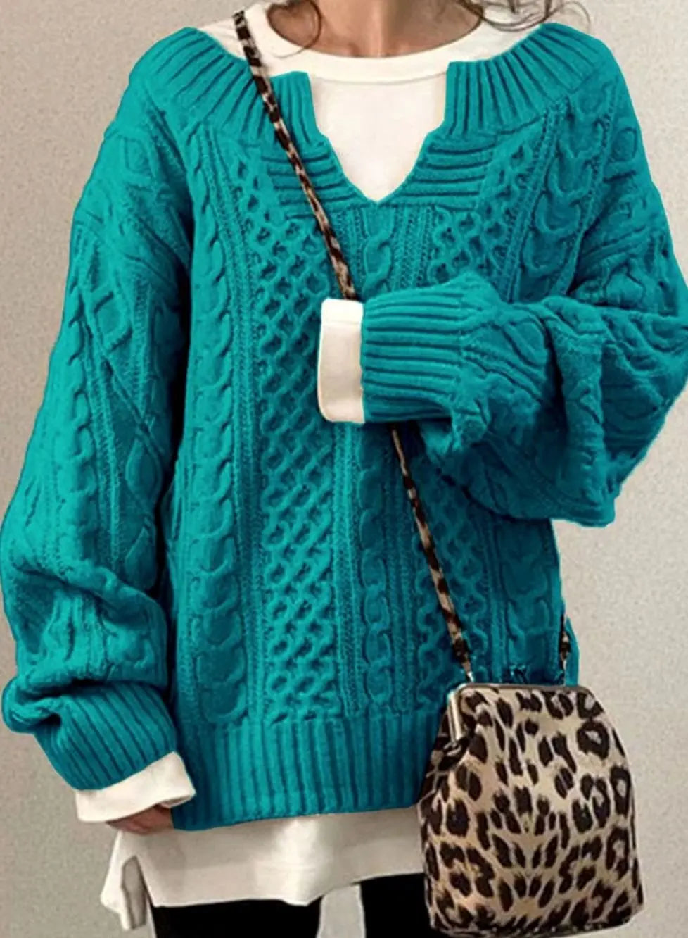 Oversized kabeltrui met V-hals en laagjeslook voor dames
