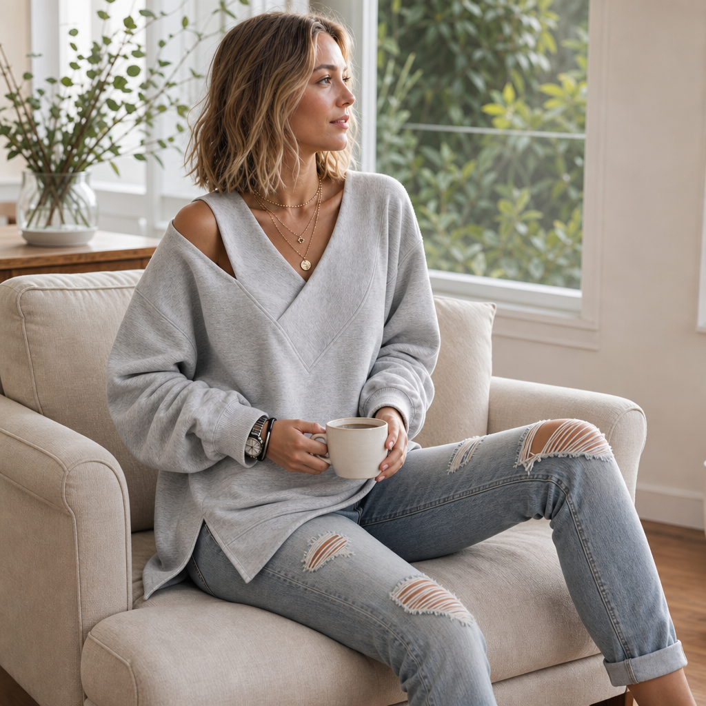 Oversized sweatshirt met asymmetrische schouderuitsnede