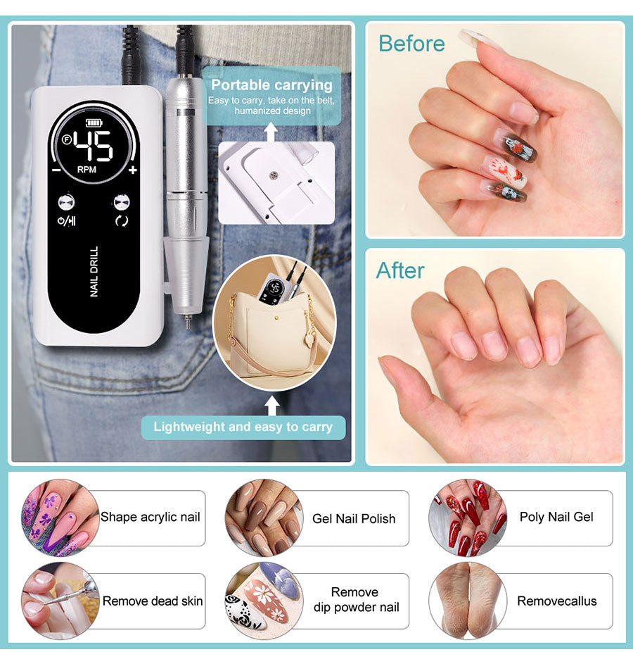 PROFESSIONELE 45000RPM DRAAGBARE ELEKTRISCHE VINGERNAILFILE MET OPLAADBARE BATTERIJ | LAAG GELUIDSNIVEAU VOOR MANICURE