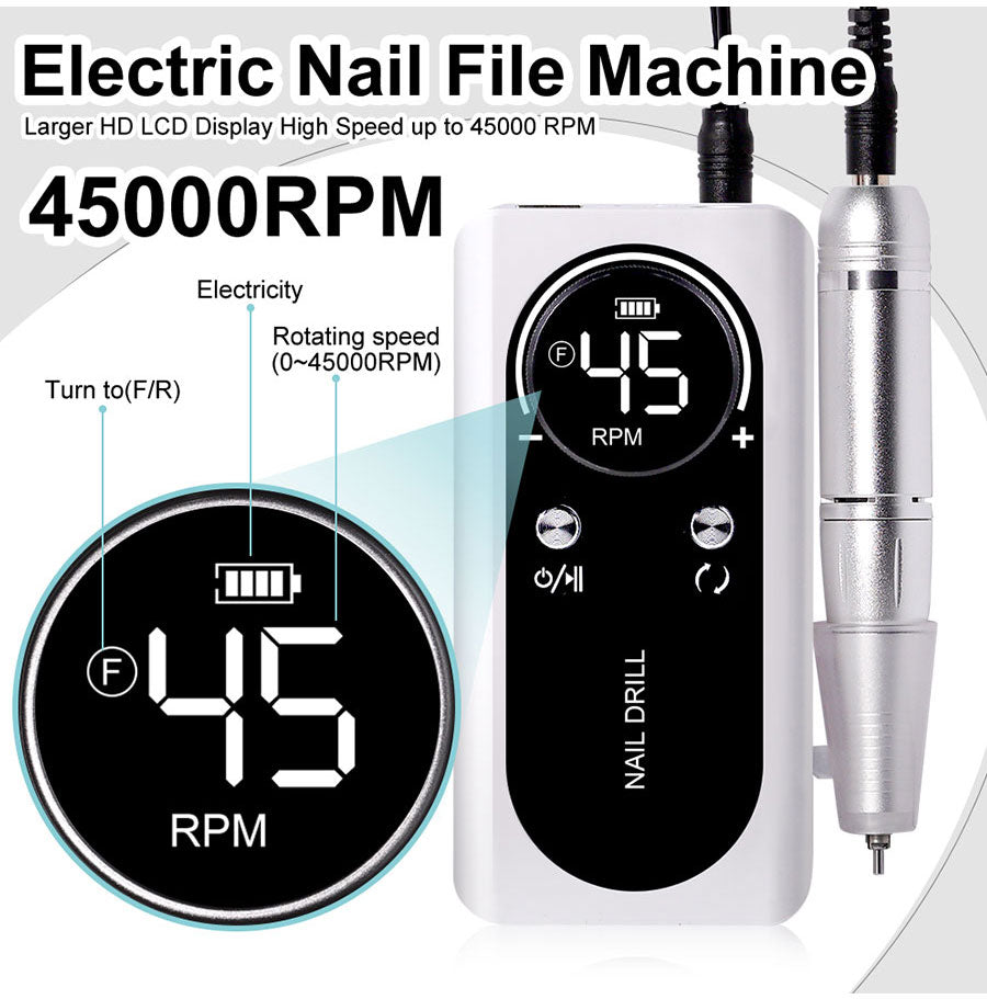 PROFESSIONELE 45000RPM DRAAGBARE ELEKTRISCHE VINGERNAILFILE MET OPLAADBARE BATTERIJ | LAAG GELUIDSNIVEAU VOOR MANICURE