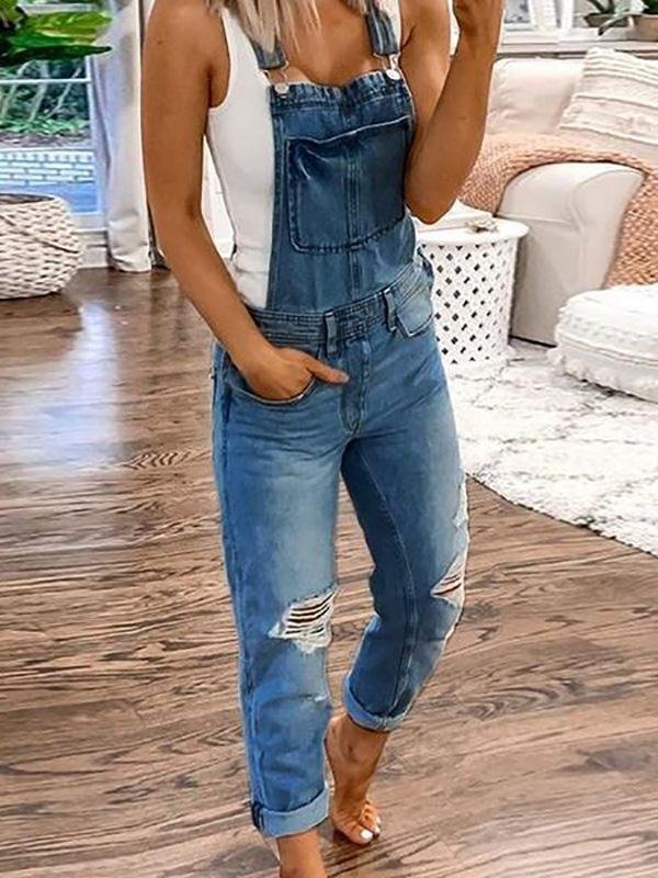 Relaxed fit denim tuinbroek met scheuren voor dames