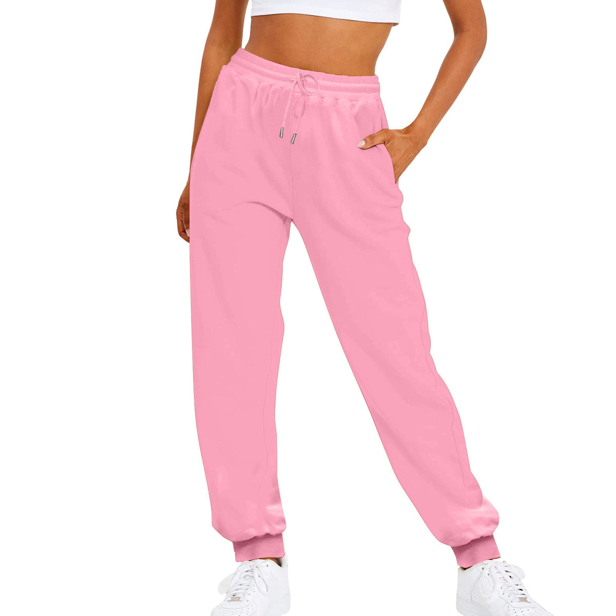 Relaxed fit joggingbroek met hoge taille voor dames, met elastische tailleband, trekkoord en geribde boorden