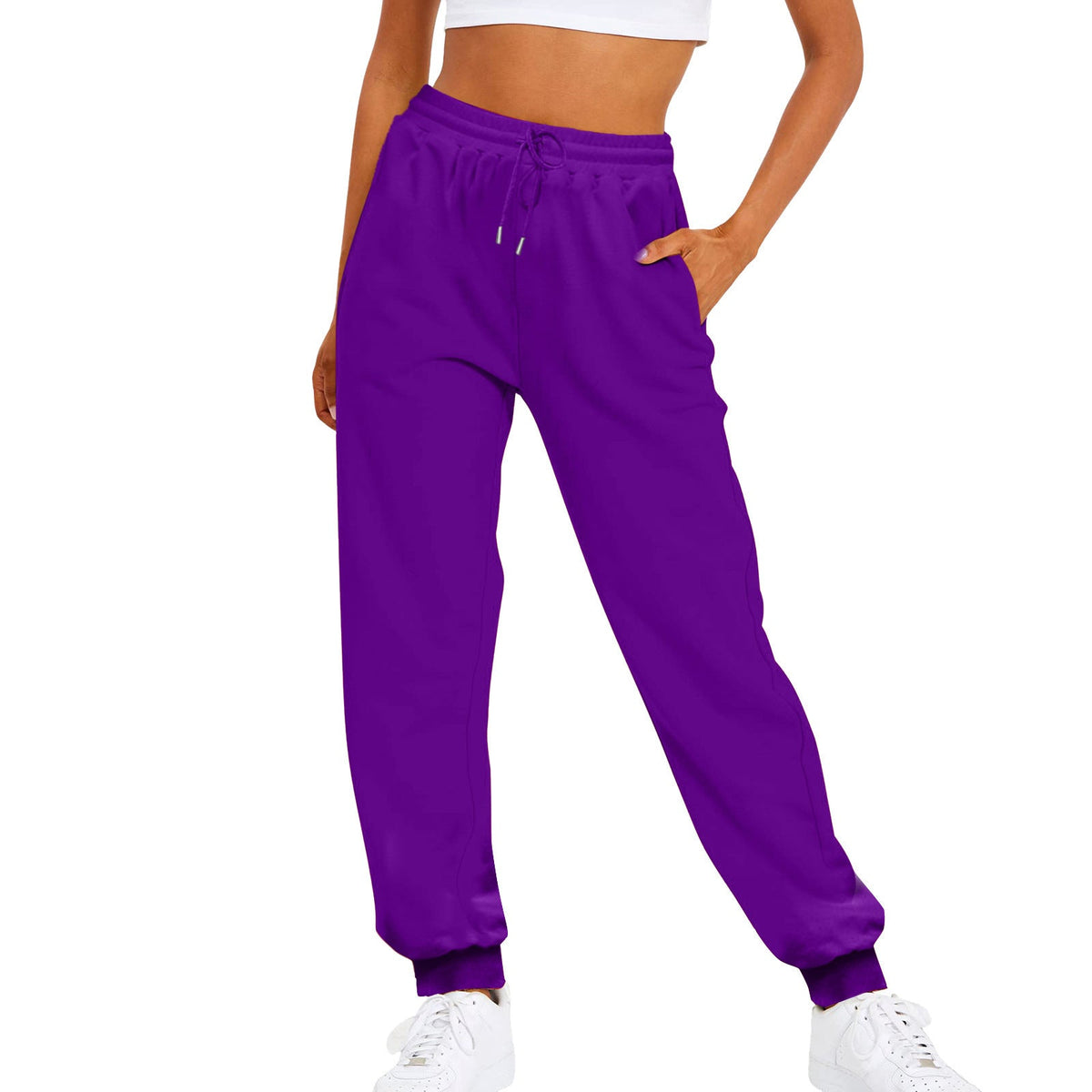 Relaxed fit joggingbroek met hoge taille voor dames, met elastische tailleband, trekkoord en geribde boorden