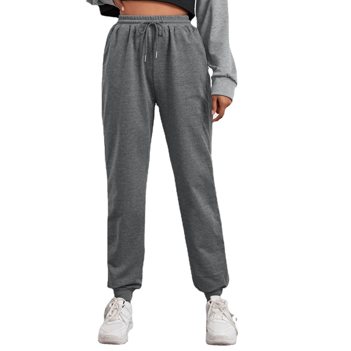 Relaxed fit joggingbroek met hoge taille voor dames, met elastische tailleband, trekkoord en geribde boorden