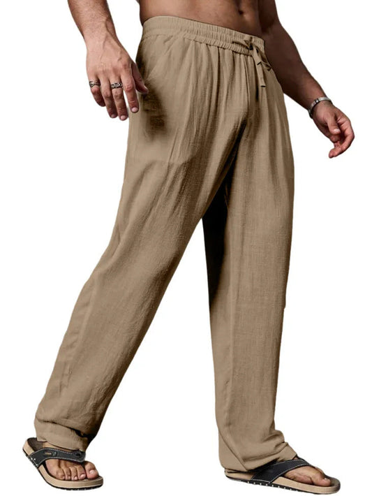Relaxed fit linnenmix yogabroek voor heren met aantrekkoord, elastische tailleband en rechte pijpen