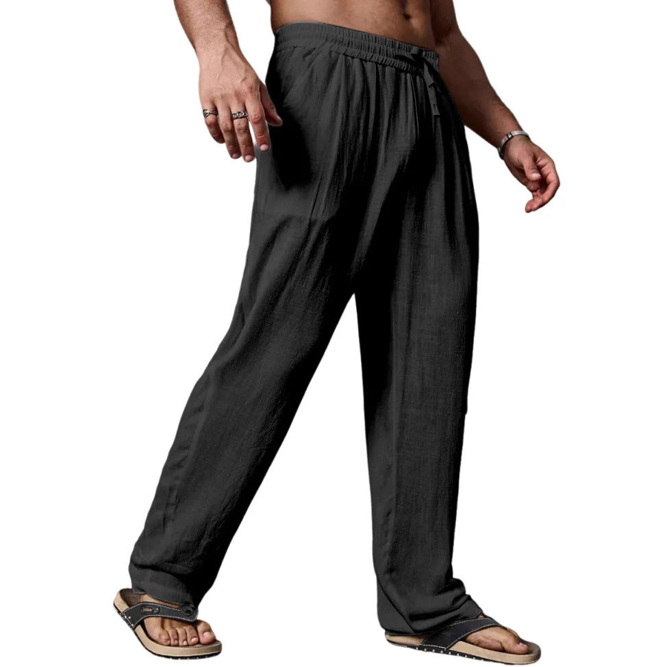 Relaxed fit linnenmix yogabroek voor heren met aantrekkoord, elastische tailleband en rechte pijpen