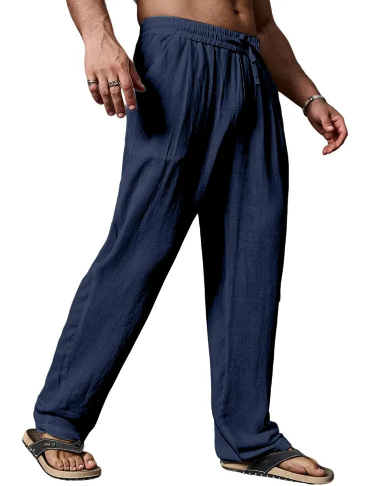 Relaxed fit linnenmix yogabroek voor heren met aantrekkoord, elastische tailleband en rechte pijpen