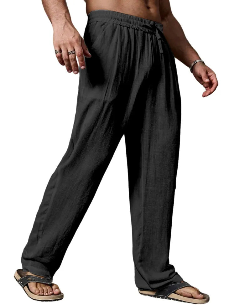 Relaxed fit linnenmix yogabroek voor heren met aantrekkoord, elastische tailleband en rechte pijpen