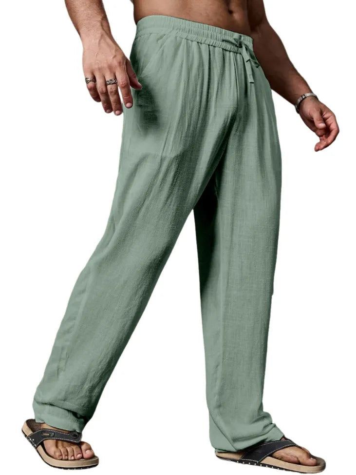 Relaxed fit linnenmix yogabroek voor heren met aantrekkoord, elastische tailleband en rechte pijpen
