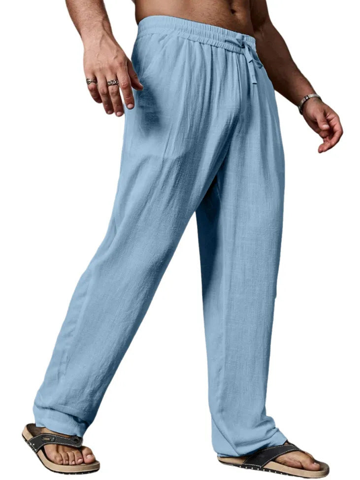 Relaxed fit linnenmix yogabroek voor heren met aantrekkoord, elastische tailleband en rechte pijpen