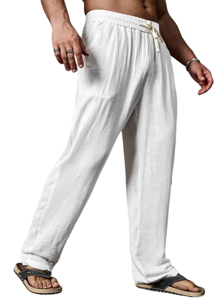 Relaxed fit linnenmix yogabroek voor heren met aantrekkoord, elastische tailleband en rechte pijpen
