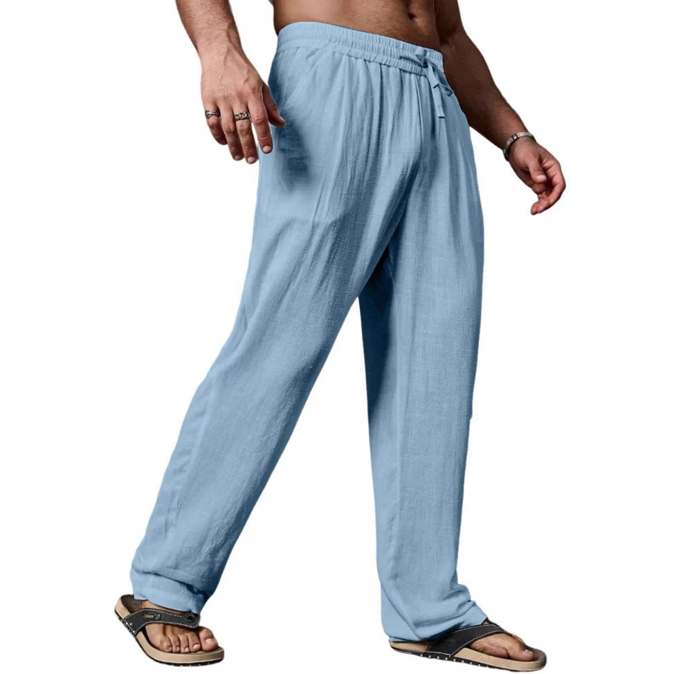 Relaxed fit linnenmix yogabroek voor heren met aantrekkoord, elastische tailleband en rechte pijpen