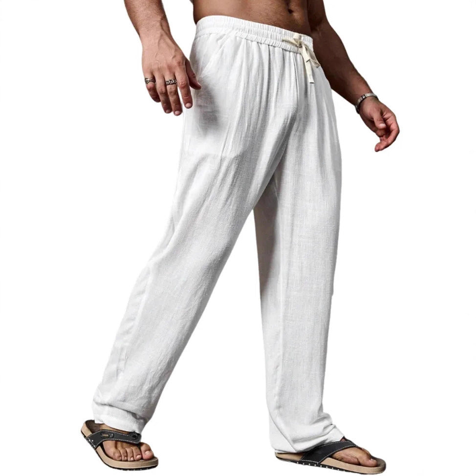 Relaxed fit linnenmix yogabroek voor heren met aantrekkoord, elastische tailleband en rechte pijpen