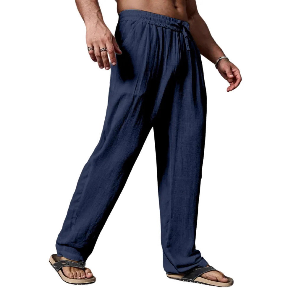 Relaxed fit linnenmix yogabroek voor heren met aantrekkoord, elastische tailleband en rechte pijpen