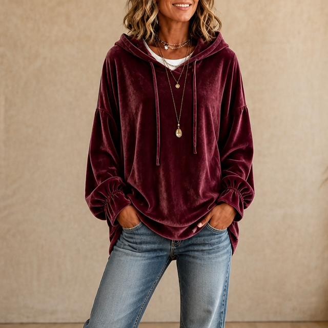 Relaxed fluwelen hoodie met ruches aan de manchetten