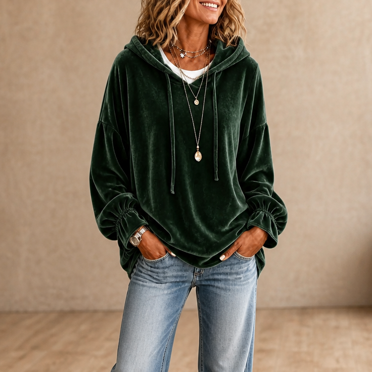 Relaxed fluwelen hoodie met ruches aan de manchetten