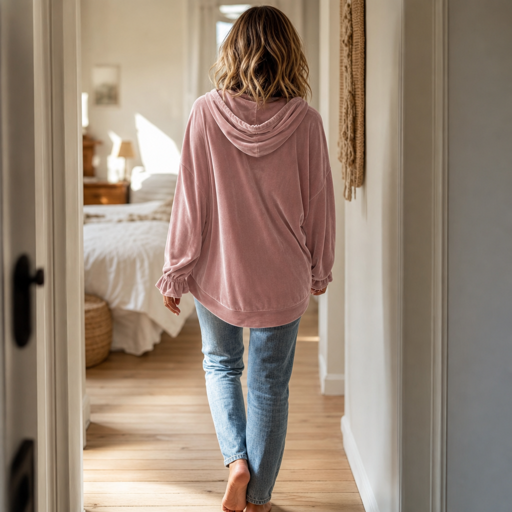 Relaxed fluwelen hoodie met ruches aan de manchetten