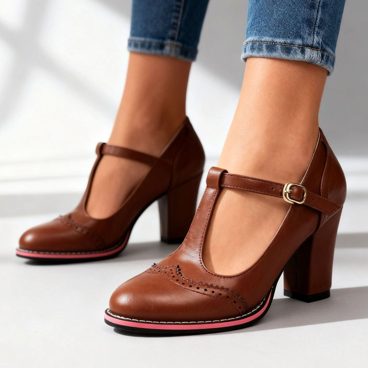 Retro brogue pumps met blokhak, T-bandje en gouden gesp voor dames