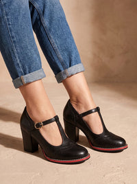 Retro brogue pumps met T-band en blokhak voor dames
