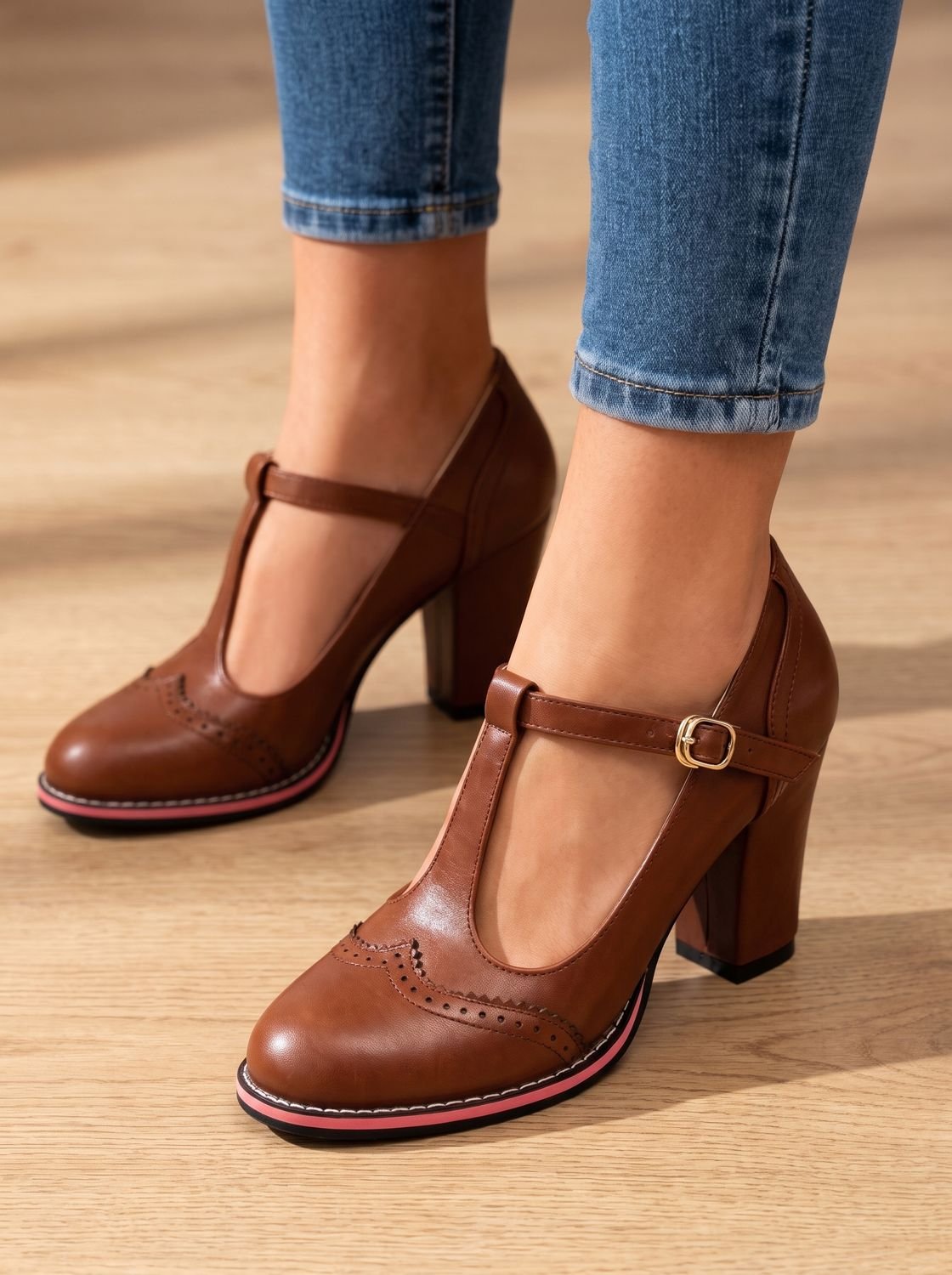 Retro brogue pumps met T-band en blokhak voor dames