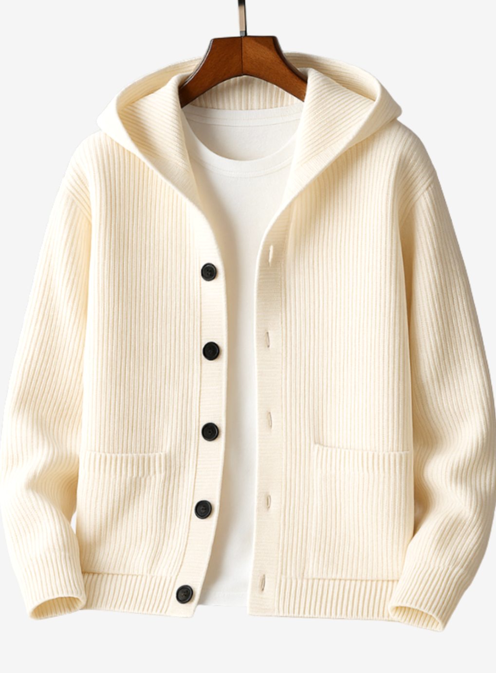 Ribgebreid damesvest met capuchon en knoopsluiting