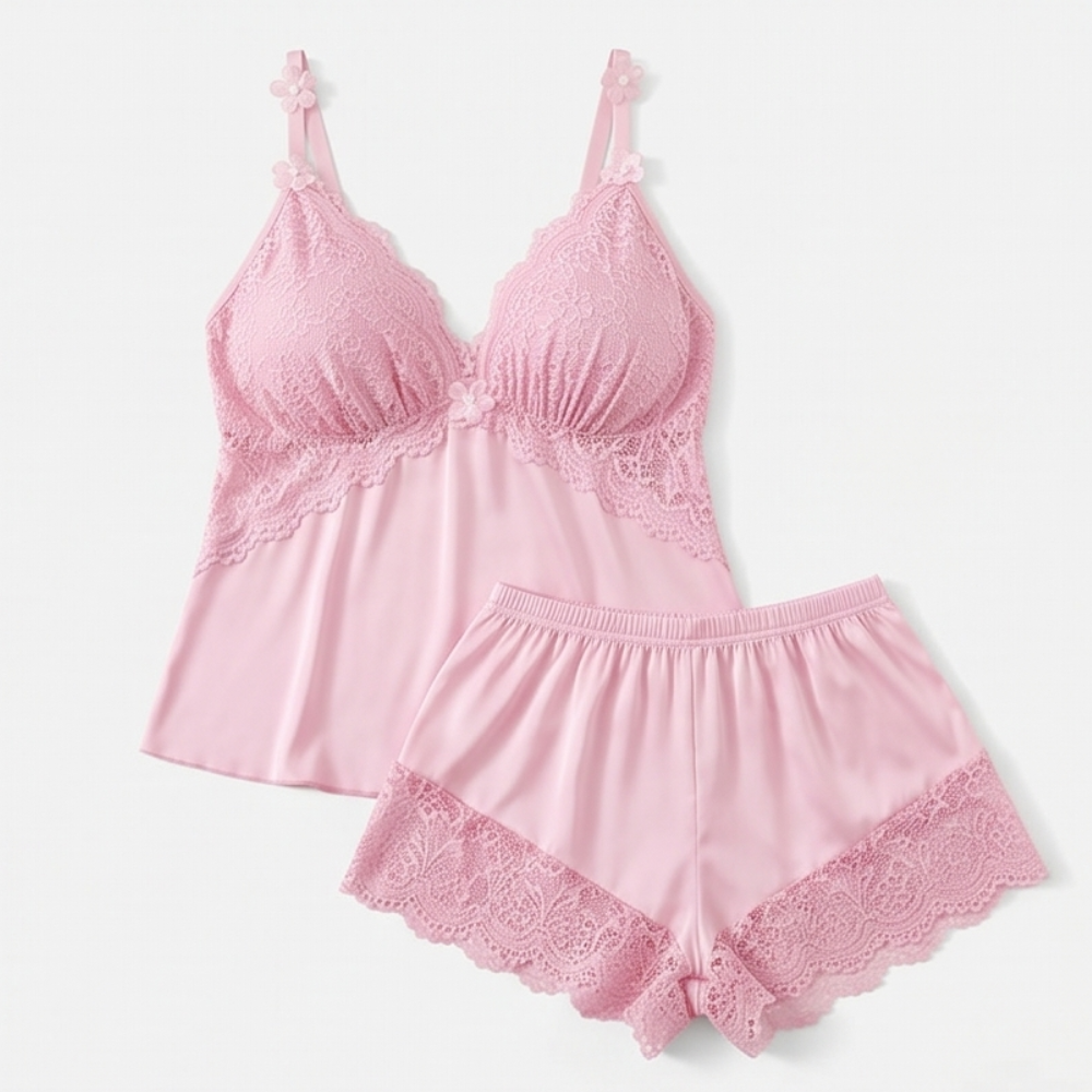 Satijnen pyjamaset met kanten afwerking