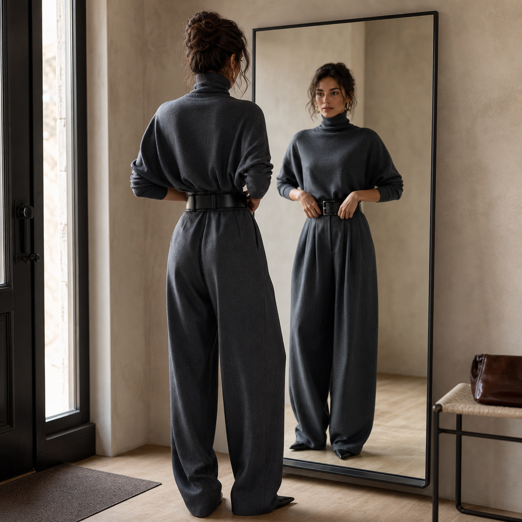 Set van coltrui en pantalon met hoge taille en riem