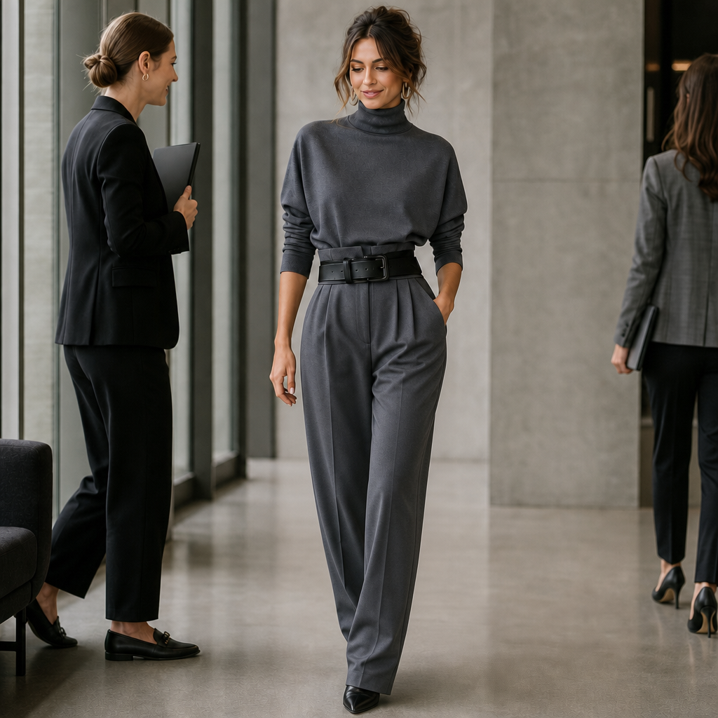Set van coltrui en pantalon met hoge taille en riem