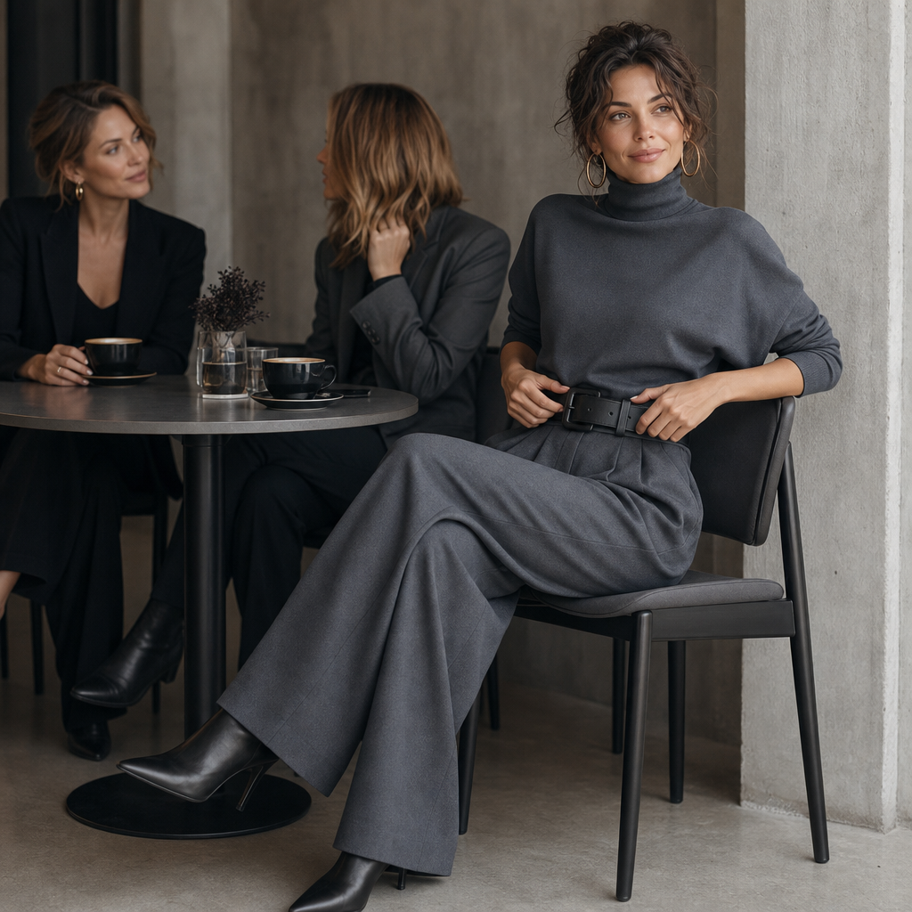 Set van coltrui en pantalon met hoge taille en riem