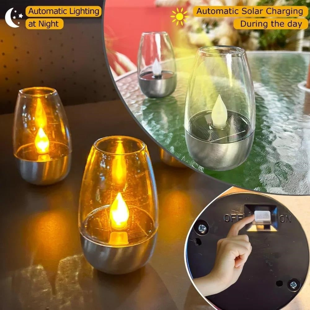 Set van twee glazen led-votivelantaarns zonder vlam met realistisch flakkerende vlam en metalen voet