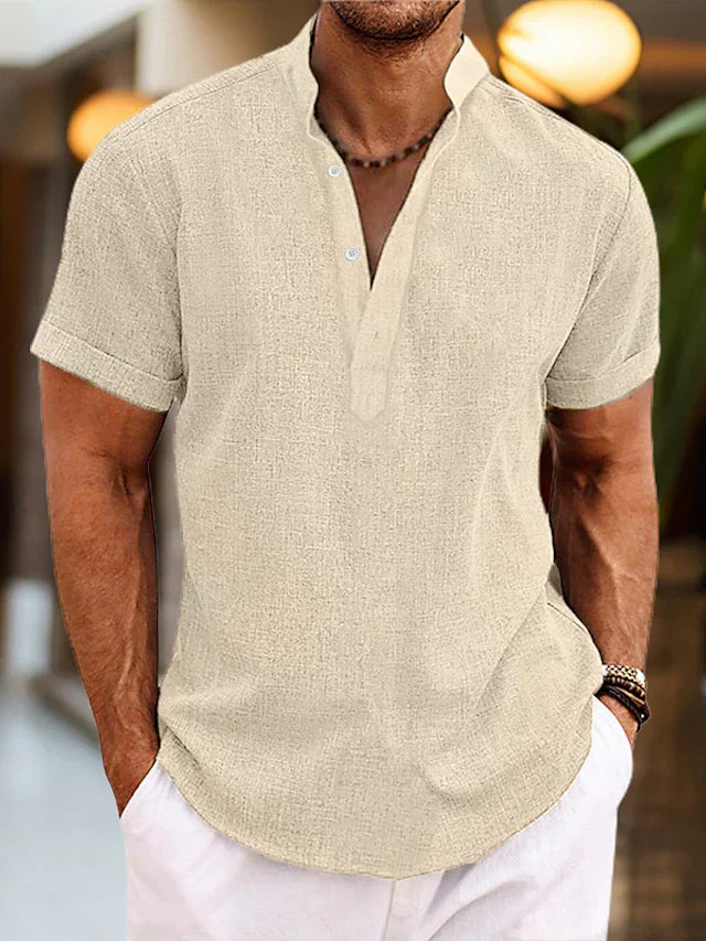 Silas Heren Linnen Shirt - Ademend Zomer Shirt met Henley Kraag en Korte Mouwen
