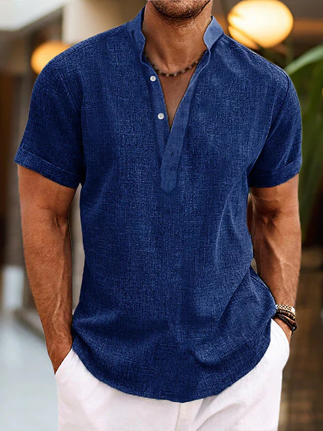 Silas Heren Linnen Shirt - Ademend Zomer Shirt met Henley Kraag en Korte Mouwen