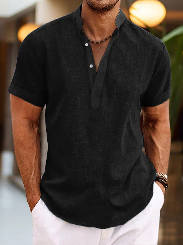 Silas Heren Linnen Shirt - Ademend Zomer Shirt met Henley Kraag en Korte Mouwen