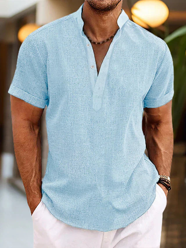Silas Heren Linnen Shirt - Ademend Zomer Shirt met Henley Kraag en Korte Mouwen