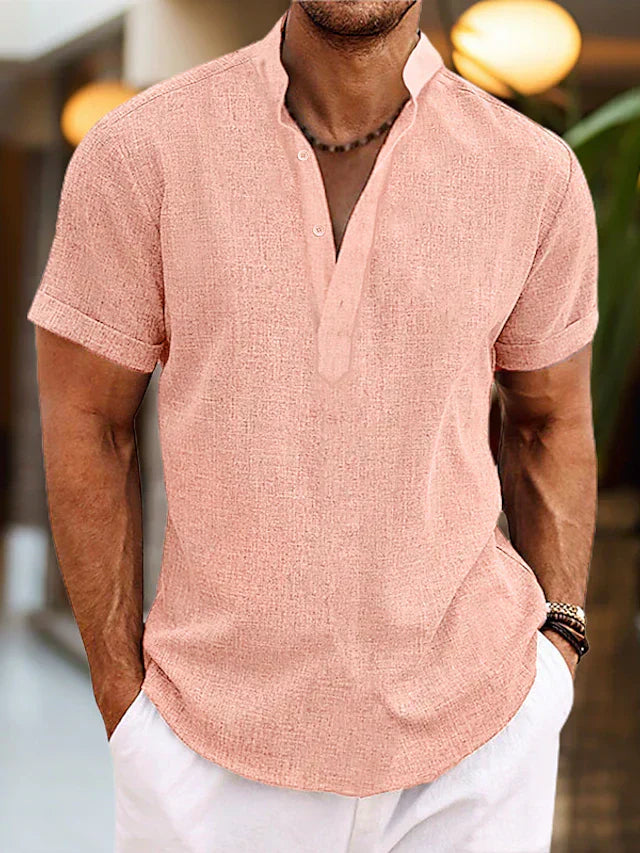 Silas Heren Linnen Shirt - Ademend Zomer Shirt met Henley Kraag en Korte Mouwen