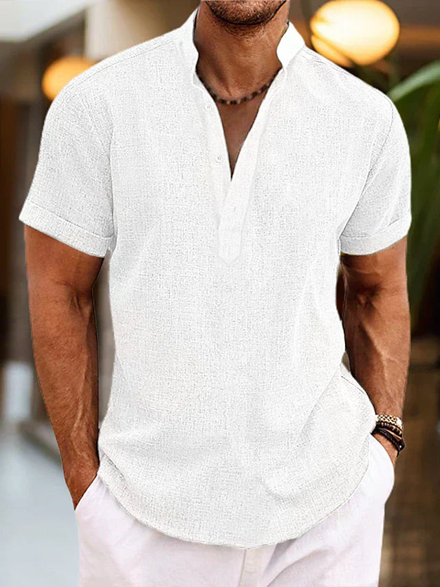 Silas Heren Linnen Shirt - Ademend Zomer Shirt met Henley Kraag en Korte Mouwen
