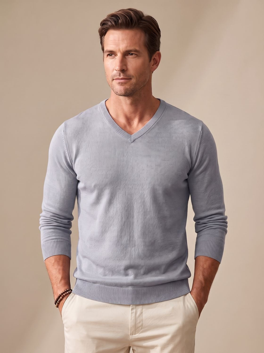 Slim-fit fijngebreide herentrui met V-hals en stretch