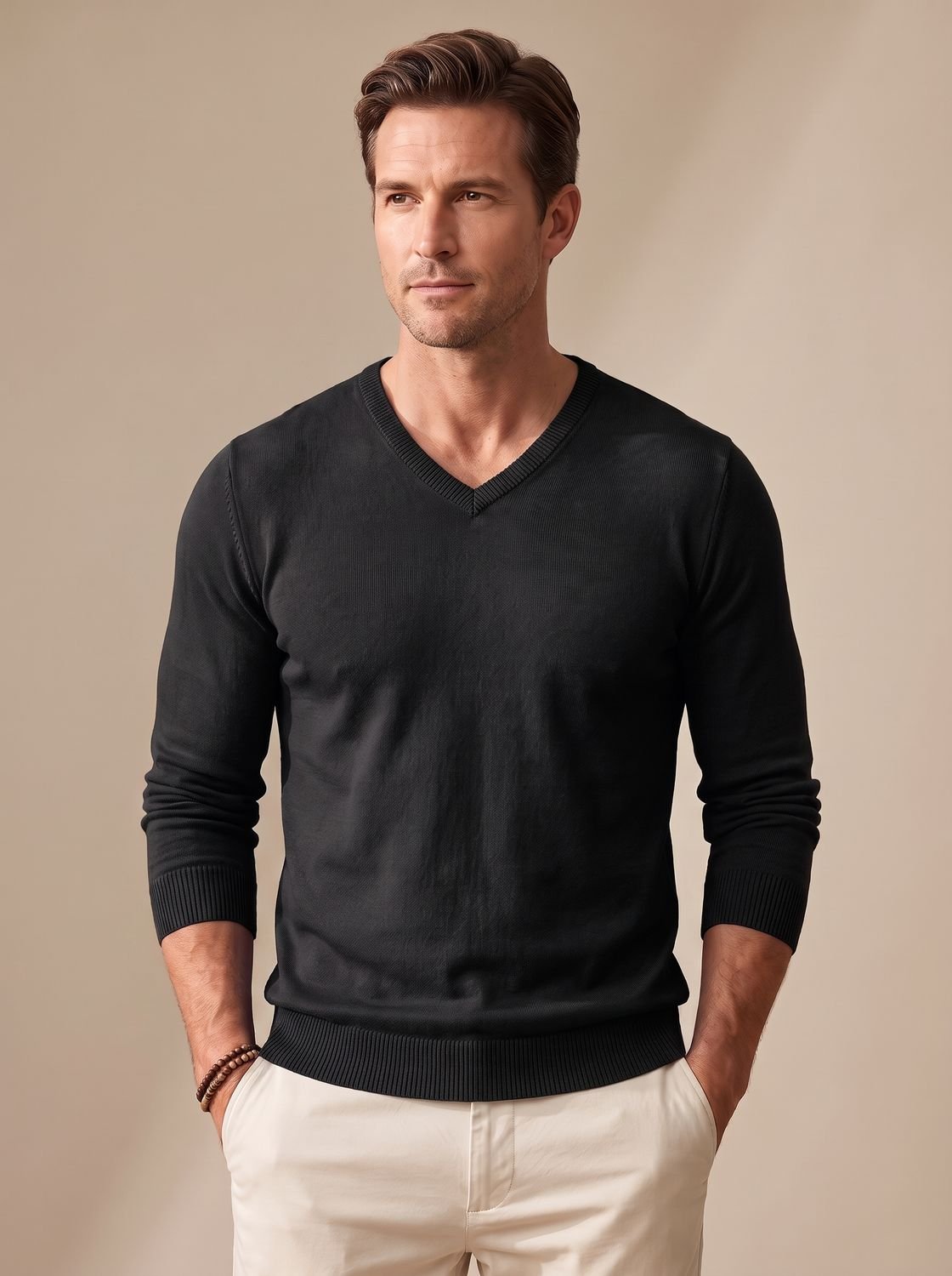 Slim-fit fijngebreide herentrui met V-hals en stretch