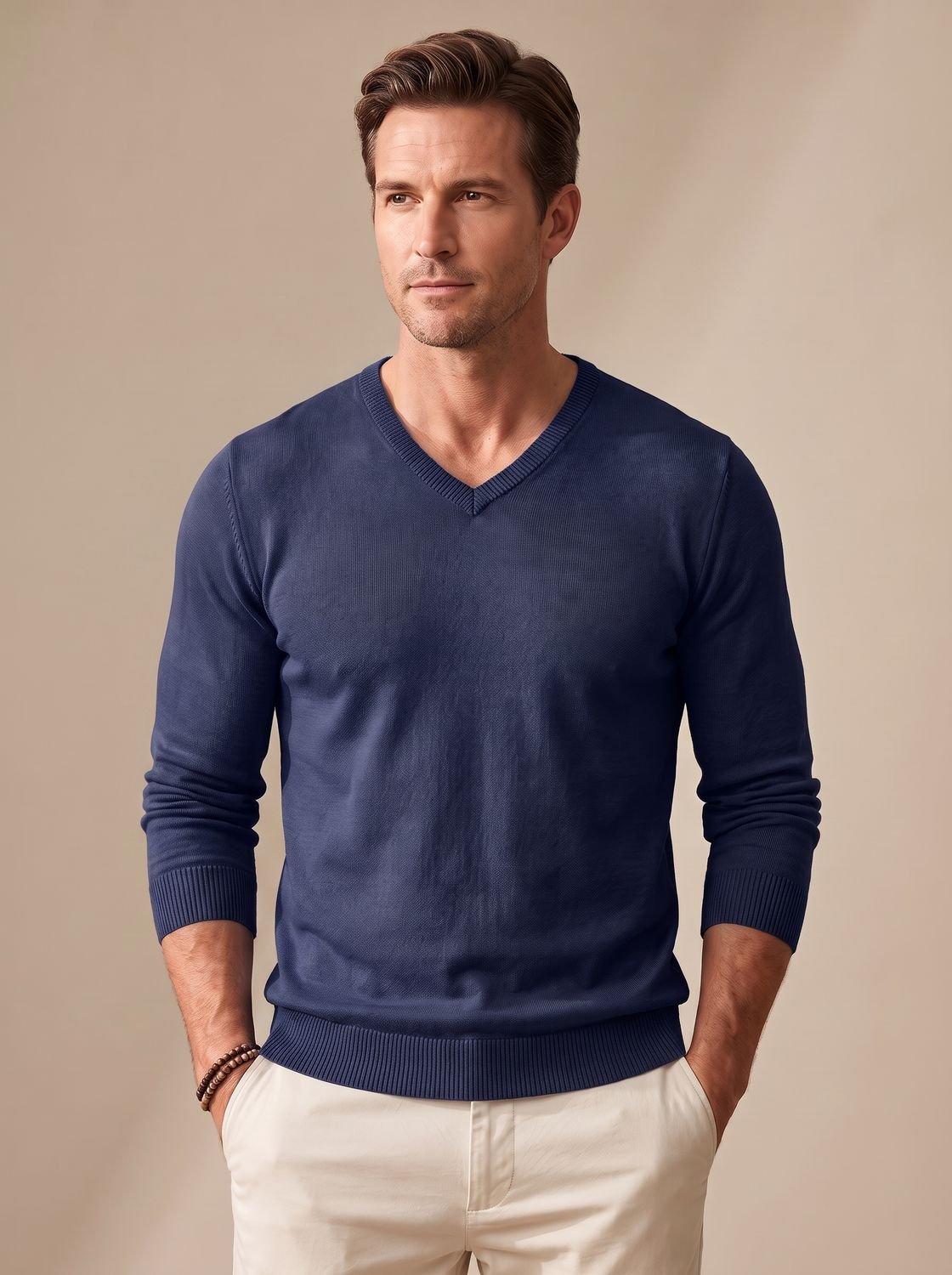 Slim-fit fijngebreide herentrui met V-hals en stretch