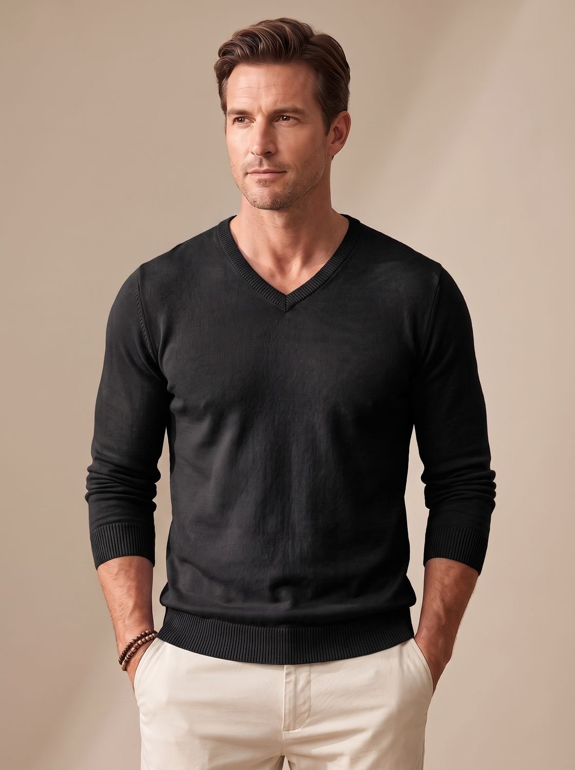 Slim-fit fijngebreide herentrui met V-hals en stretch