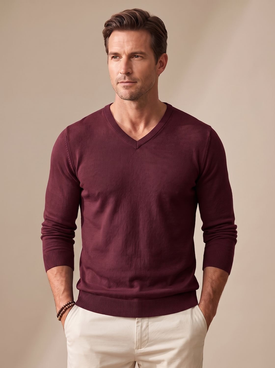 Slim-fit fijngebreide herentrui met V-hals en stretch