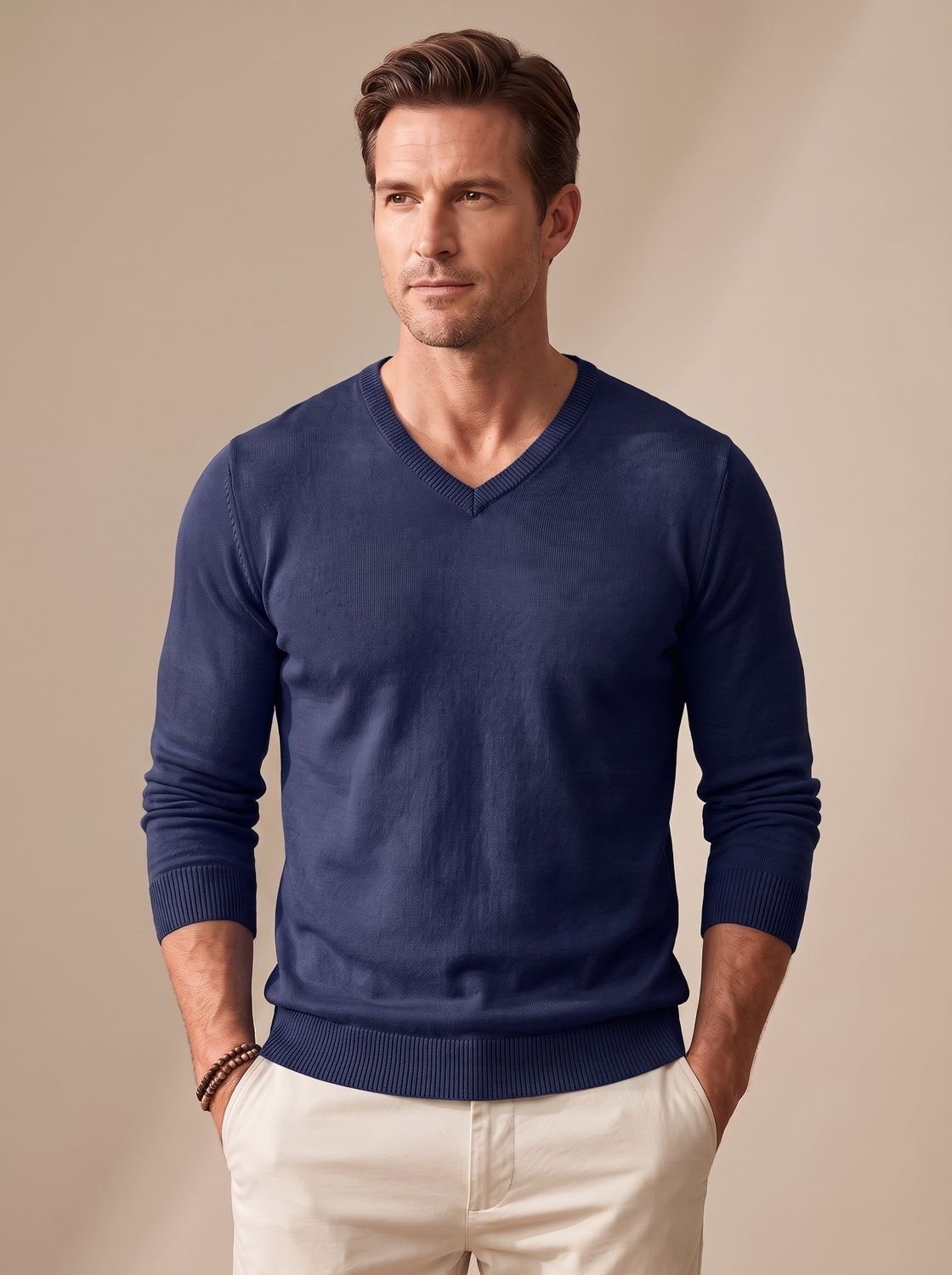 Slim-fit fijngebreide herentrui met V-hals en stretch